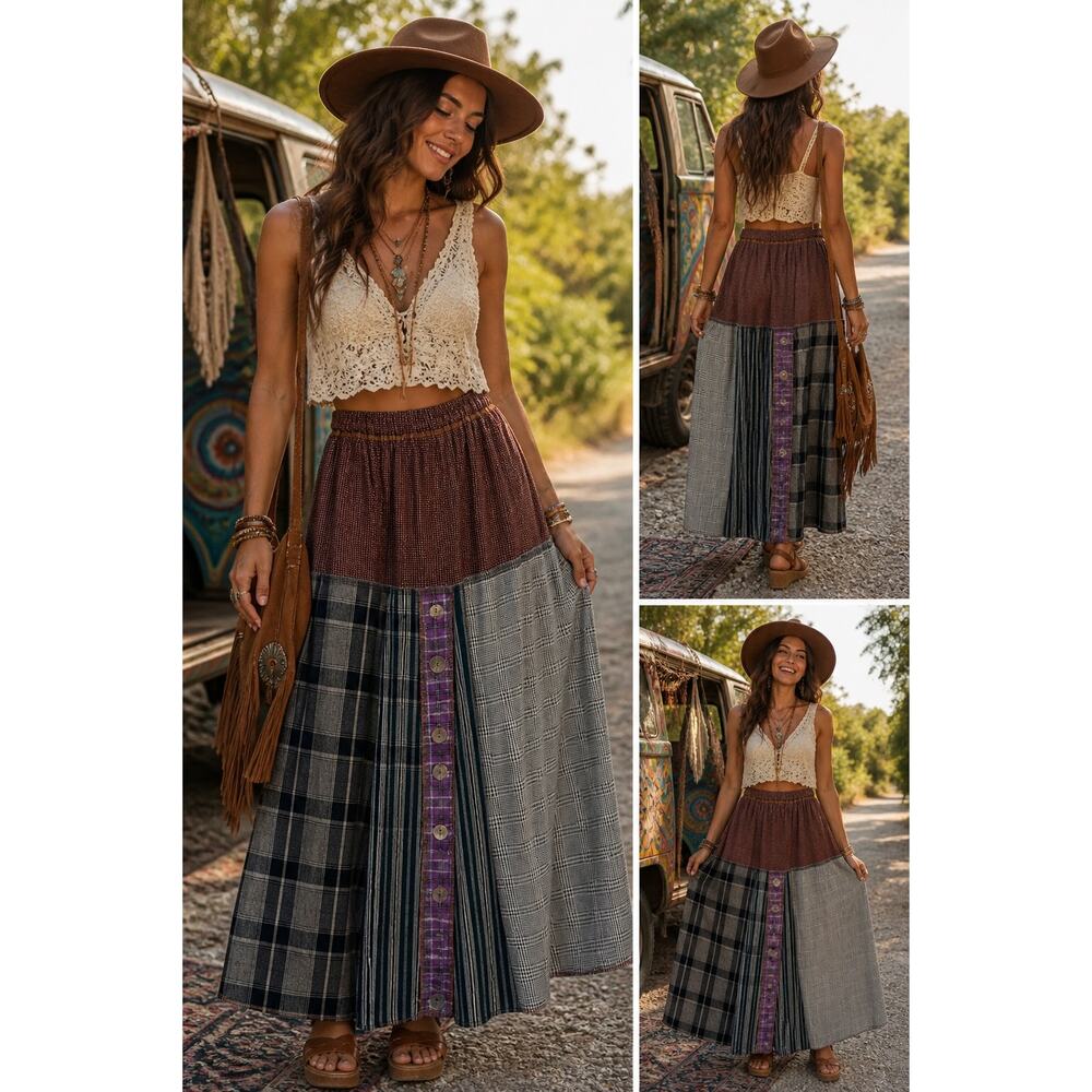 Nothing Matches Patchwork Maxi Skirt Boho Mixed Plaid Button Front Vintage Style
